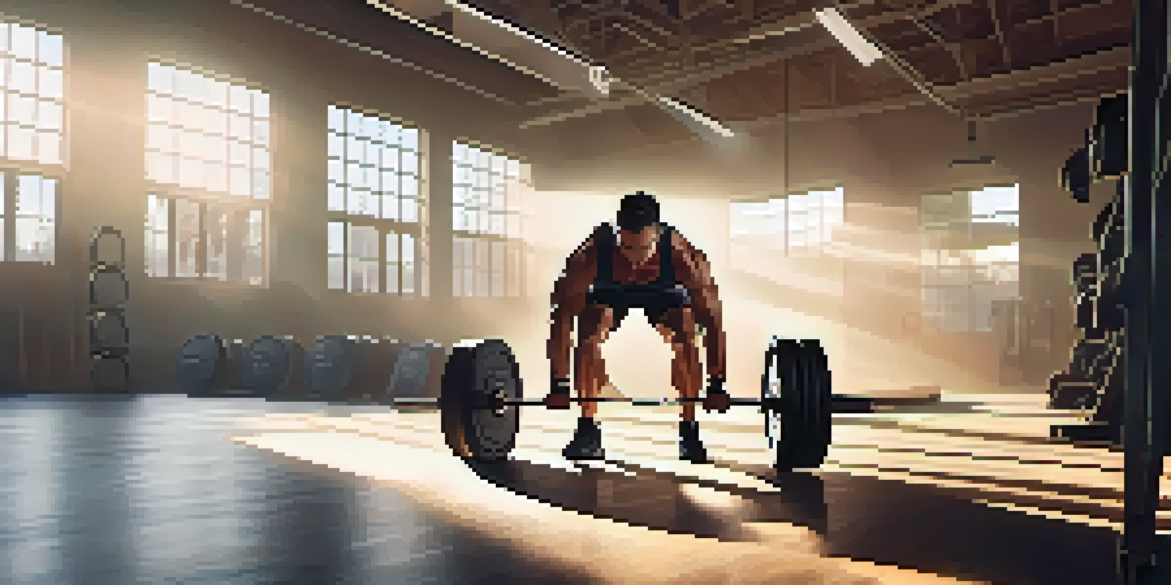 A person lifting a heavy weight in a gym, muscles defined and glistening, with gym equipment and natural light in the background.
