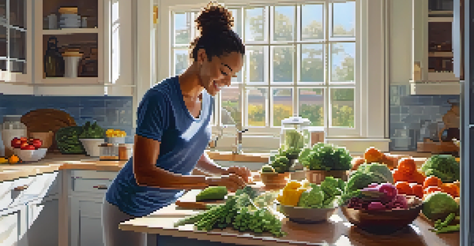 A person in a cozy kitchen preparing a healthy meal with fresh vegetables and lean proteins, surrounded by natural light.