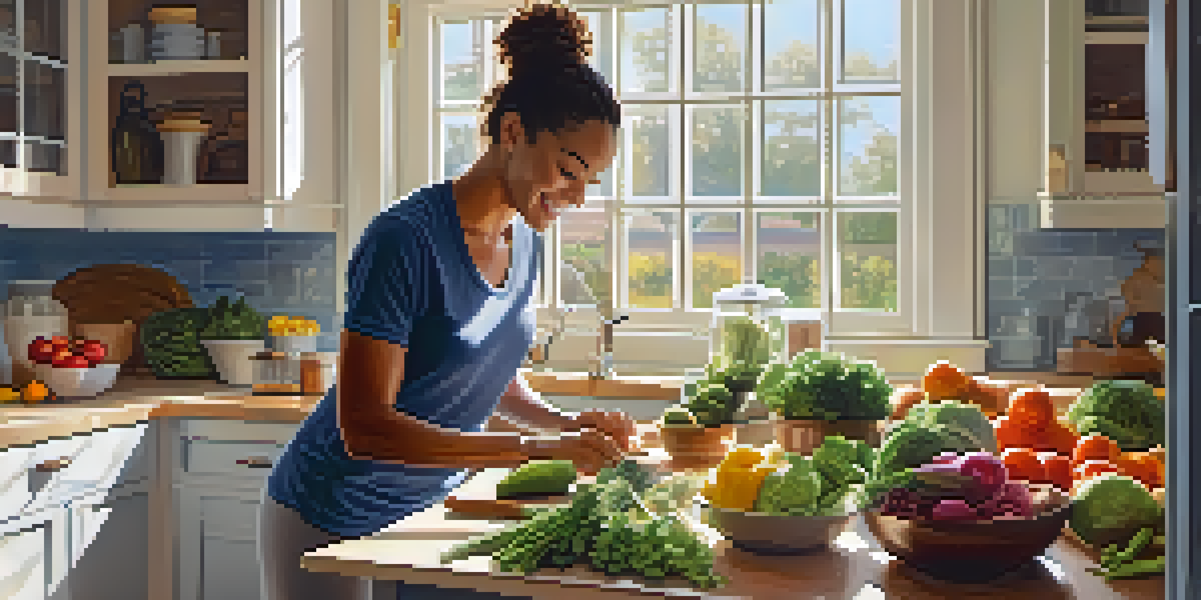 A person in a cozy kitchen preparing a healthy meal with fresh vegetables and lean proteins, surrounded by natural light.