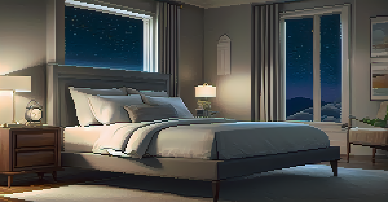 A cozy bedroom with a comfortable bed and soft lighting, emphasizing a peaceful atmosphere for quality sleep.