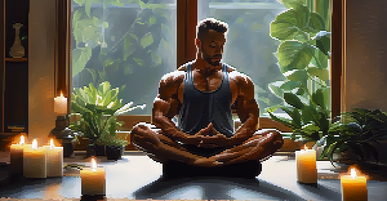 A bodybuilder sitting cross-legged on a yoga mat in a calm, softly lit environment, practicing mindfulness and relaxation.