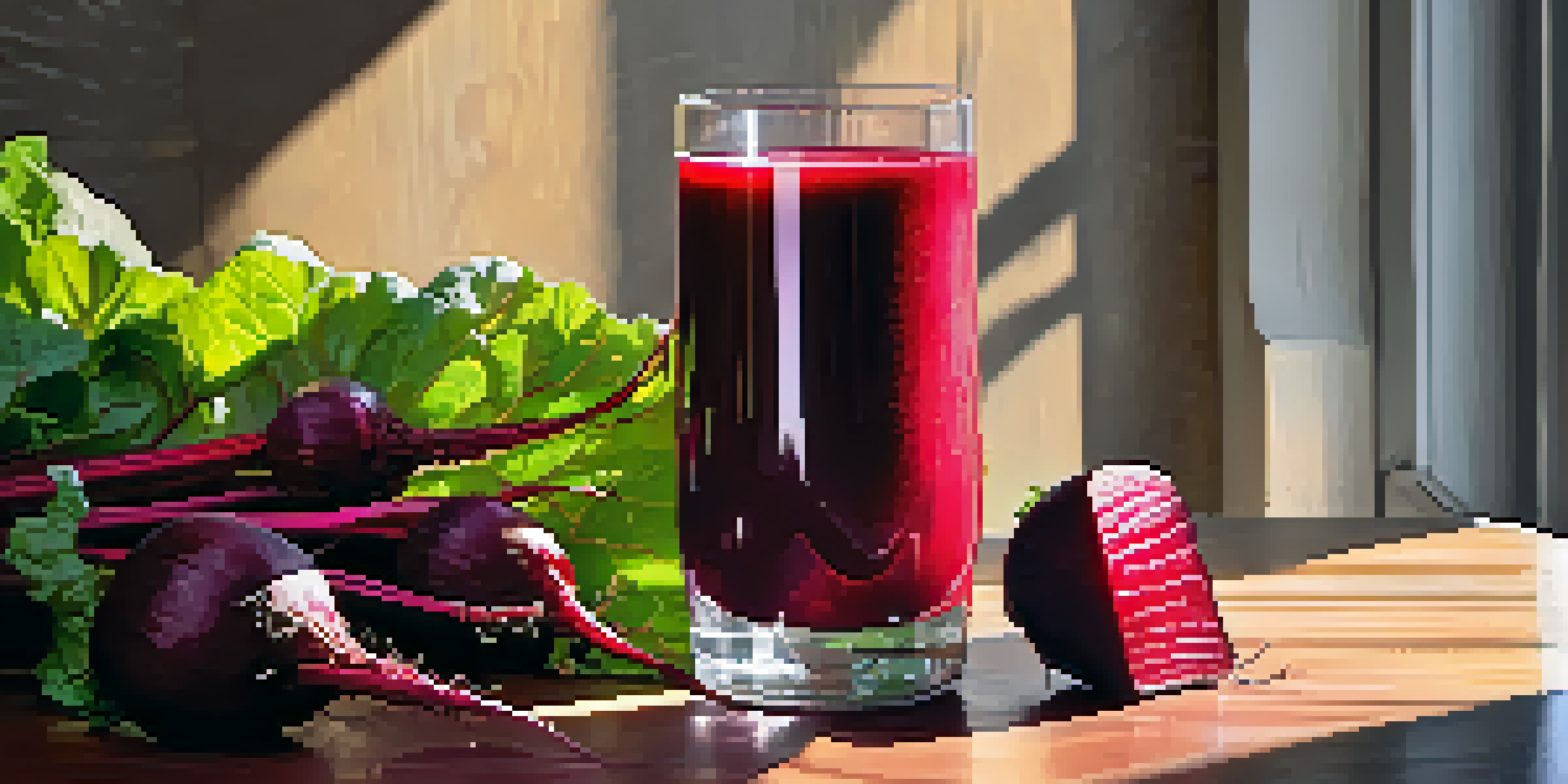 A glass of bright beetroot juice on a wooden table with fresh beetroots and green leaves around it, illuminated by sunlight.