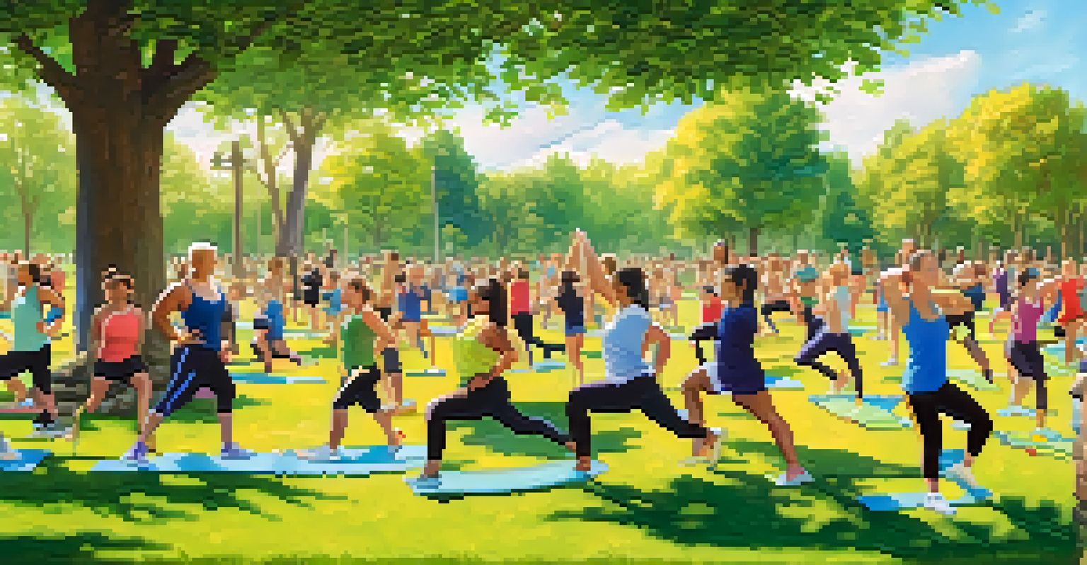 Participants of all ages engaging in an outdoor fitness challenge in a park, surrounded by greenery and a bright sky.