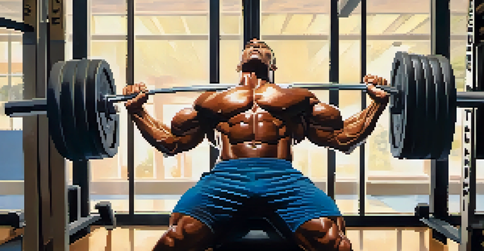 A bodybuilder with a determined expression is bench pressing in a bright gym with natural light, showcasing their muscles and sweat, surrounded by motivational posters.