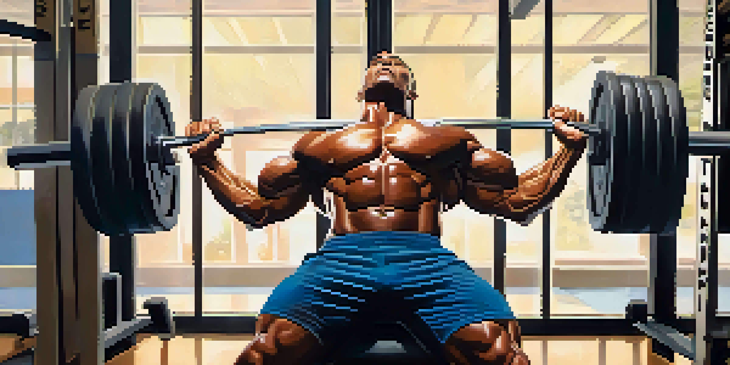 A bodybuilder with a determined expression is bench pressing in a bright gym with natural light, showcasing their muscles and sweat, surrounded by motivational posters.