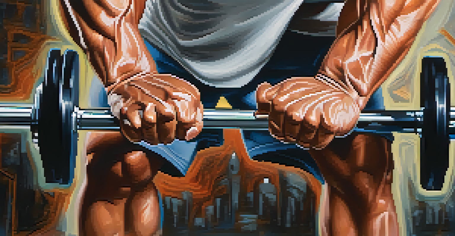Close-up of a bodybuilder's hands gripping a barbell, showcasing calluses and strength.