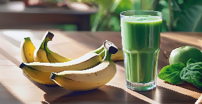 A glass filled with a green smoothie containing collagen supplements, surrounded by fresh fruits and a sunlit wooden table.