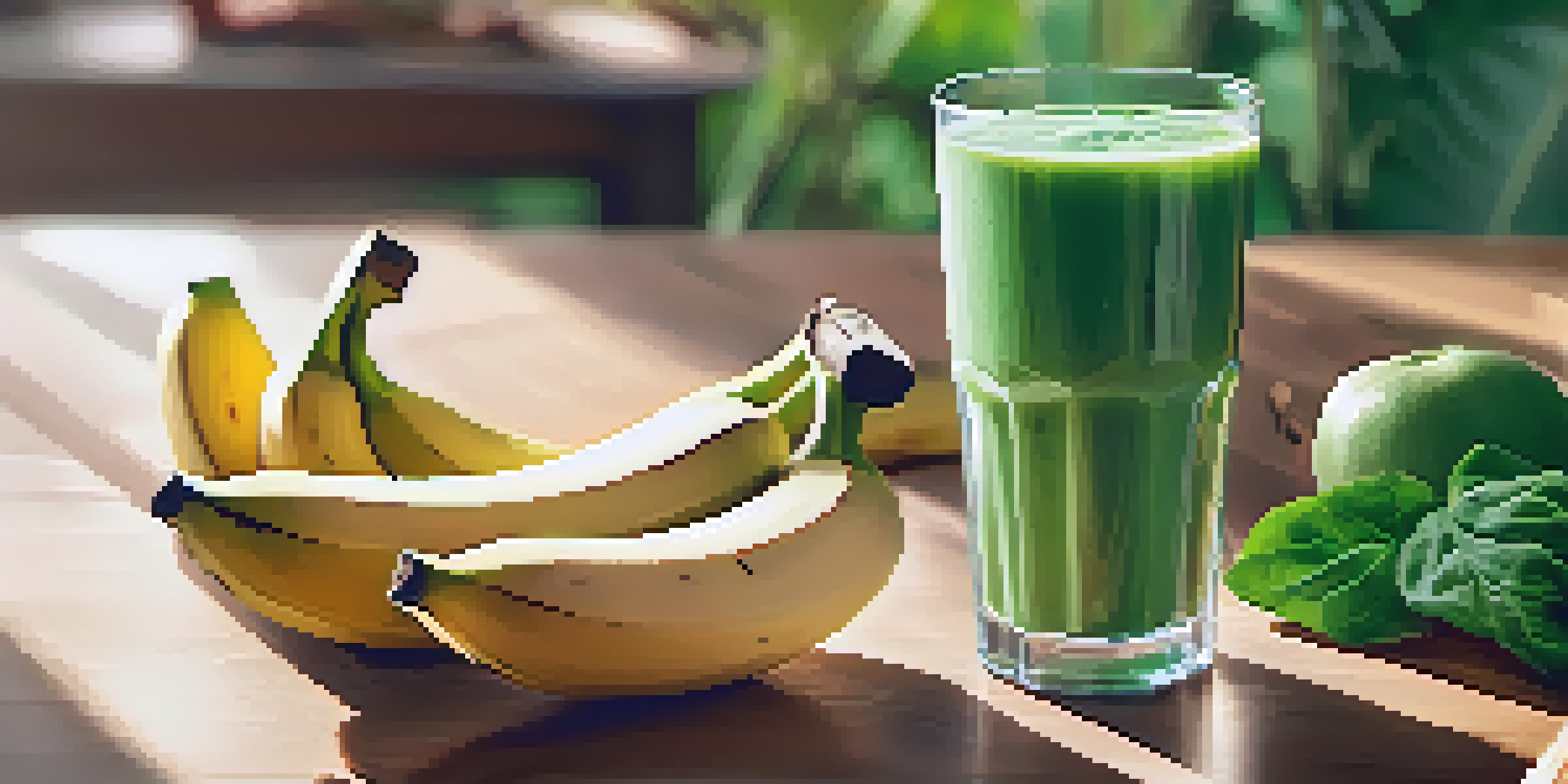A glass filled with a green smoothie containing collagen supplements, surrounded by fresh fruits and a sunlit wooden table.