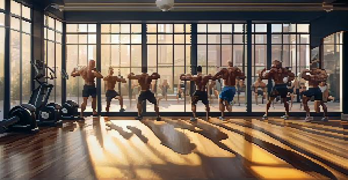 A diverse group of bodybuilders doing a dynamic warm-up in a well-lit gym with warm sunlight filtering through a window.