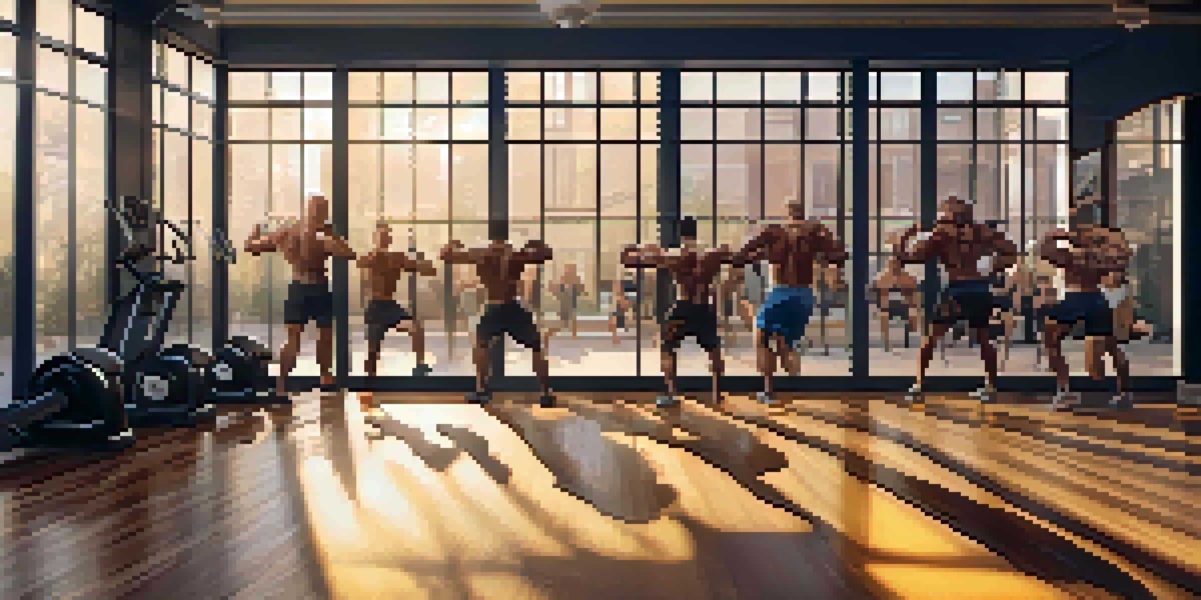 A diverse group of bodybuilders doing a dynamic warm-up in a well-lit gym with warm sunlight filtering through a window.