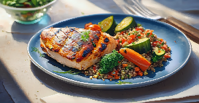 A plated dish showcasing grilled chicken breast alongside roasted vegetables and quinoa, garnished with parsley and illuminated by soft natural light.