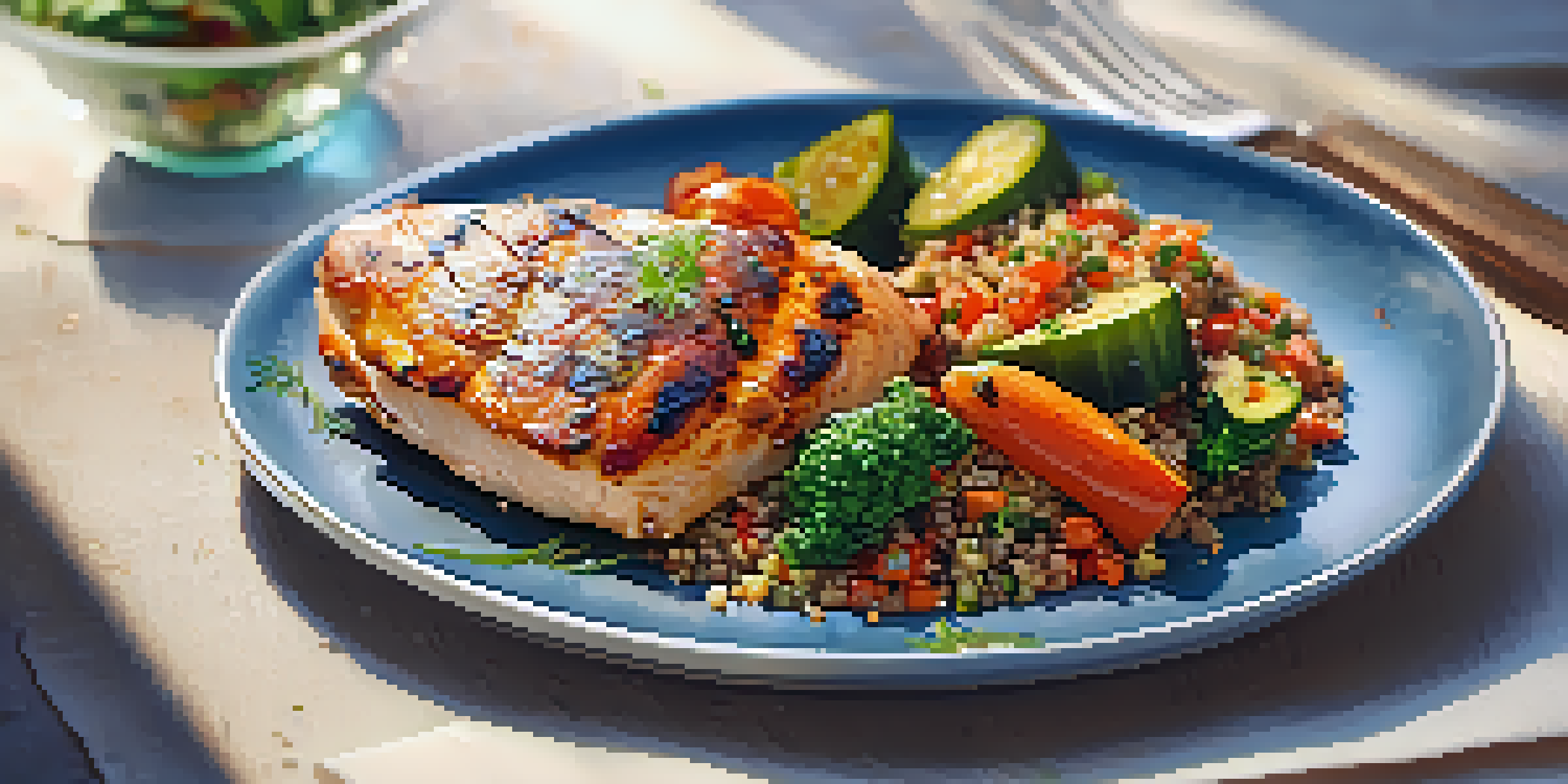 A plated dish showcasing grilled chicken breast alongside roasted vegetables and quinoa, garnished with parsley and illuminated by soft natural light.