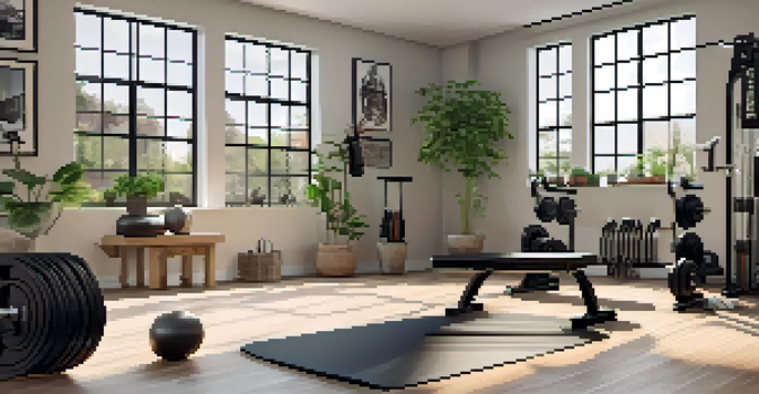 A bright and inviting home gym filled with bodybuilding equipment, including dumbbells and a squat rack, with sunlight streaming through a window.