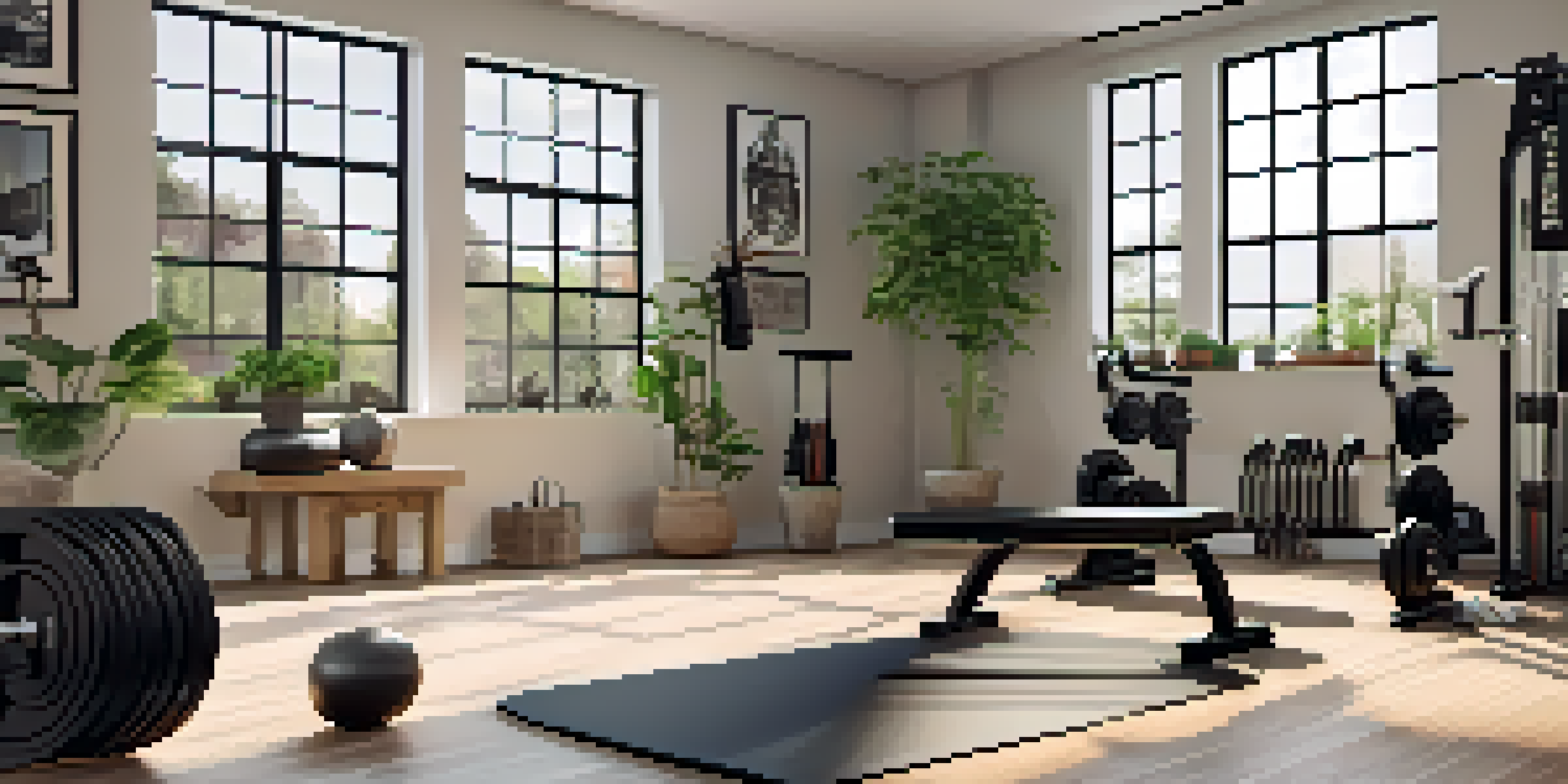 A bright and inviting home gym filled with bodybuilding equipment, including dumbbells and a squat rack, with sunlight streaming through a window.