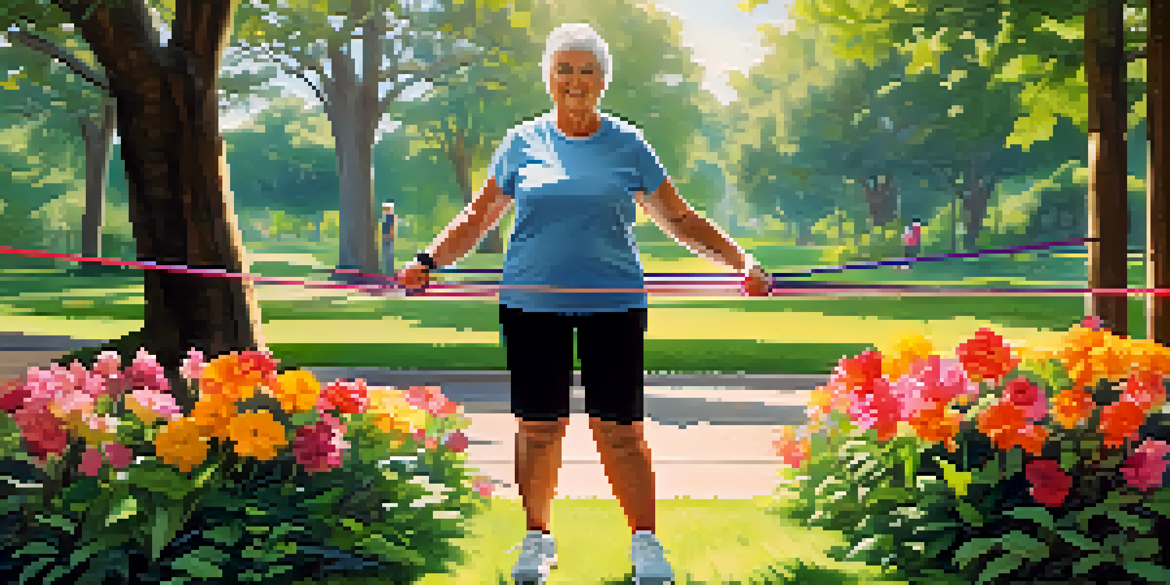 An older adult exercising with resistance bands in a sunny park, surrounded by greenery and flowers.