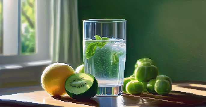 A refreshing glass of water on a wooden table with green fruits and vegetables, illuminated by sunlight.