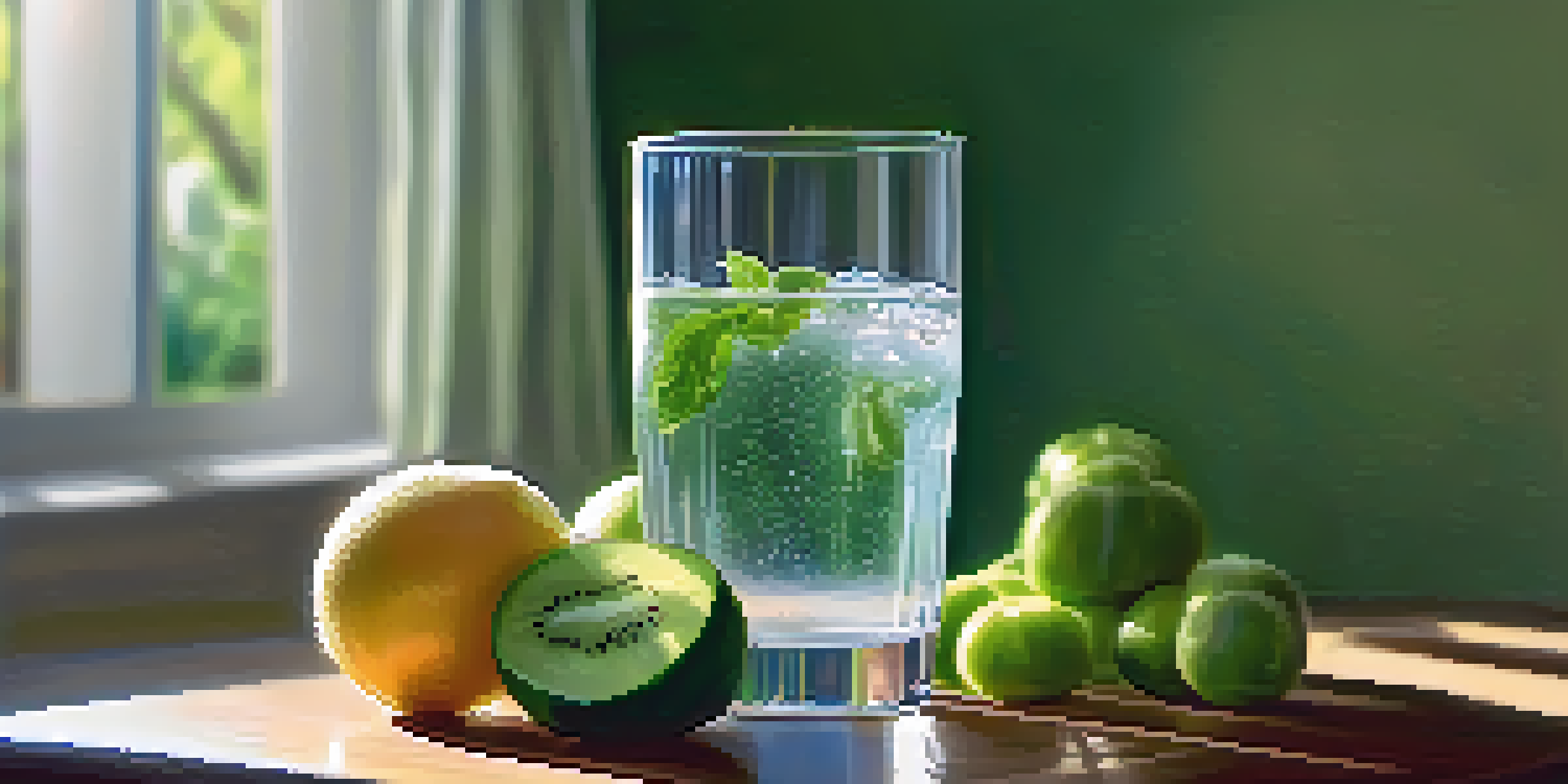 A refreshing glass of water on a wooden table with green fruits and vegetables, illuminated by sunlight.