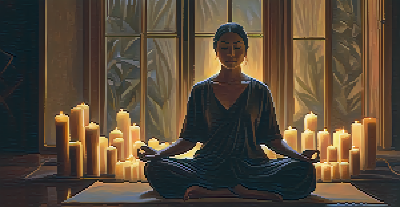 A close-up of a person meditating in a dimly lit room, surrounded by candles and pillows, conveying a sense of relaxation and tranquility.