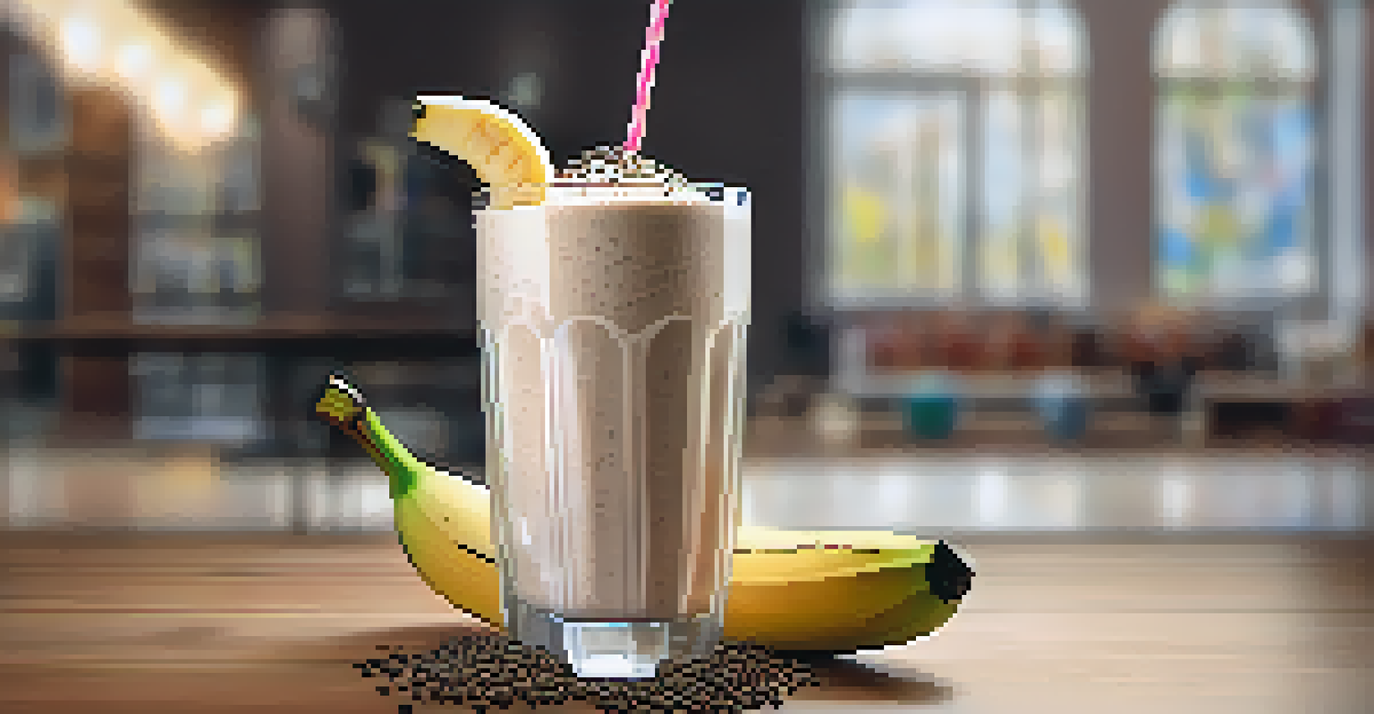 A protein shake in a glass garnished with banana and chia seeds, with gym equipment in the background.