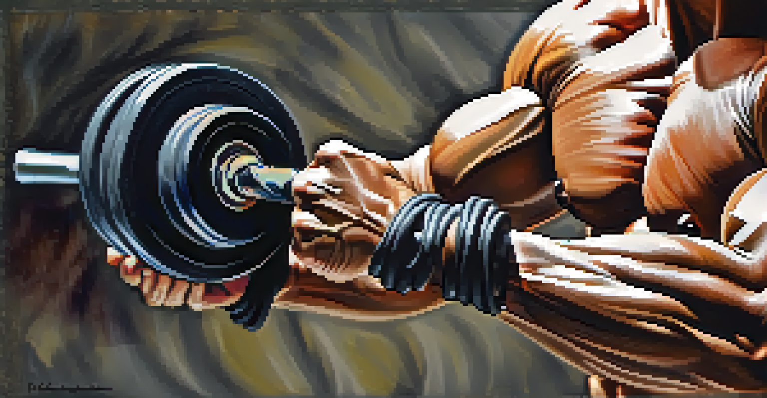 Close-up of a bodybuilder's hands gripping a barbell, with visible sweat and muscular definition.