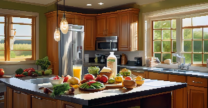 A kitchen countertop filled with healthy foods such as lean meats, fruits, vegetables, nuts, Greek yogurt, and a protein shake, illuminated by natural light.