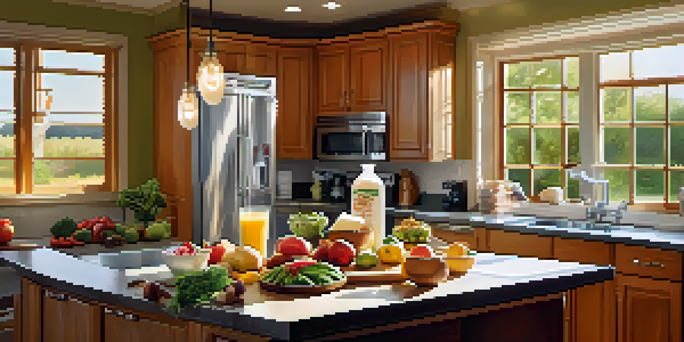 A kitchen countertop filled with healthy foods such as lean meats, fruits, vegetables, nuts, Greek yogurt, and a protein shake, illuminated by natural light.
