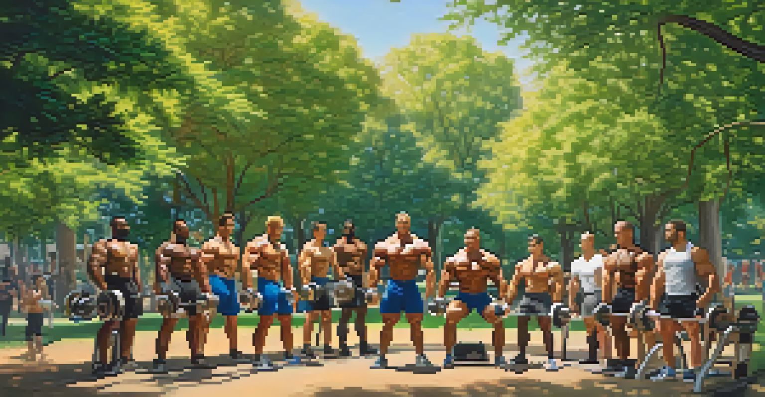 A diverse group of bodybuilders training together outdoors in a park, showcasing teamwork and energy.