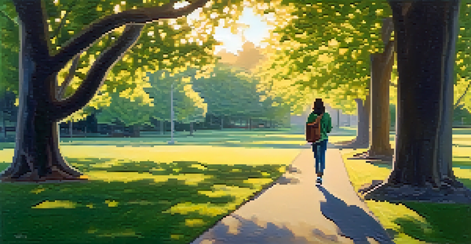 A person walking peacefully in a sunlit park, surrounded by green trees, reflecting a sense of recovery and relaxation.