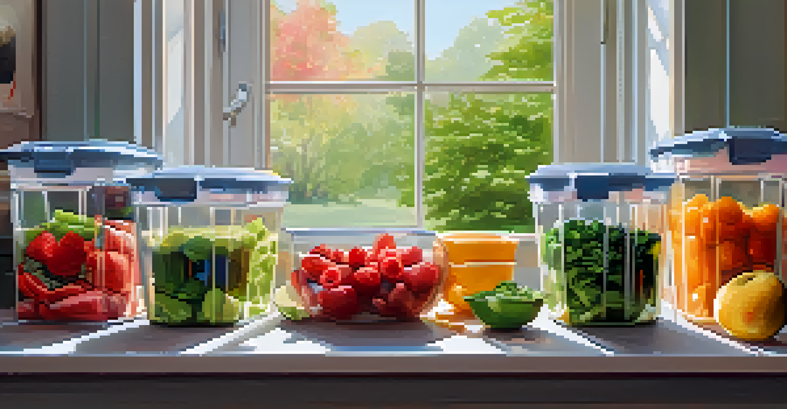 A meal prep station with colorful, healthy meals in containers and a blender, illuminated by soft natural light.
