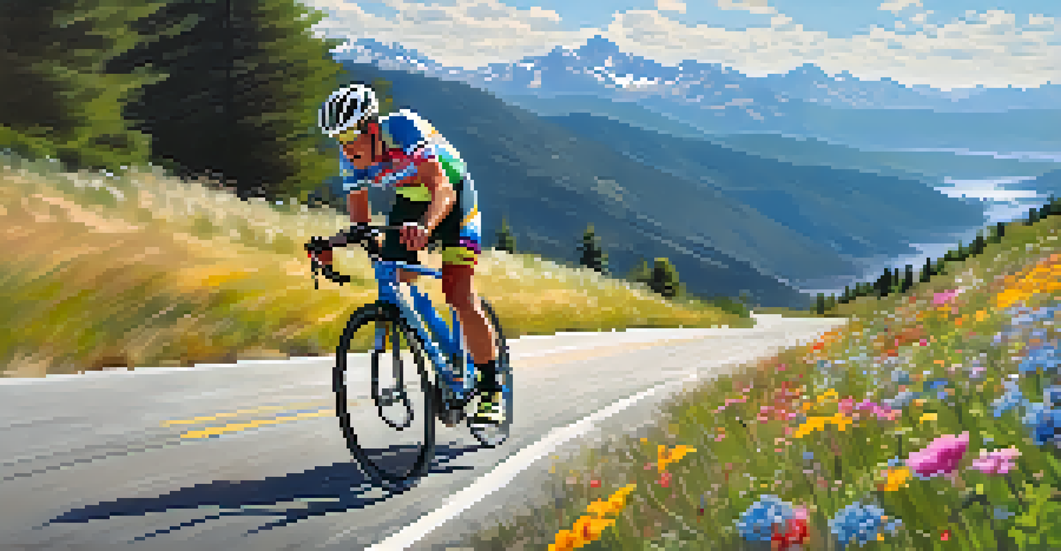 A cyclist riding uphill on a winding road with mountains in the background, wearing bright cycling gear.