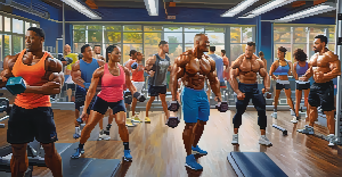 A diverse group of bodybuilders working out together in a lively gym, encouraging each other with bright colors and motivational posters in the background.