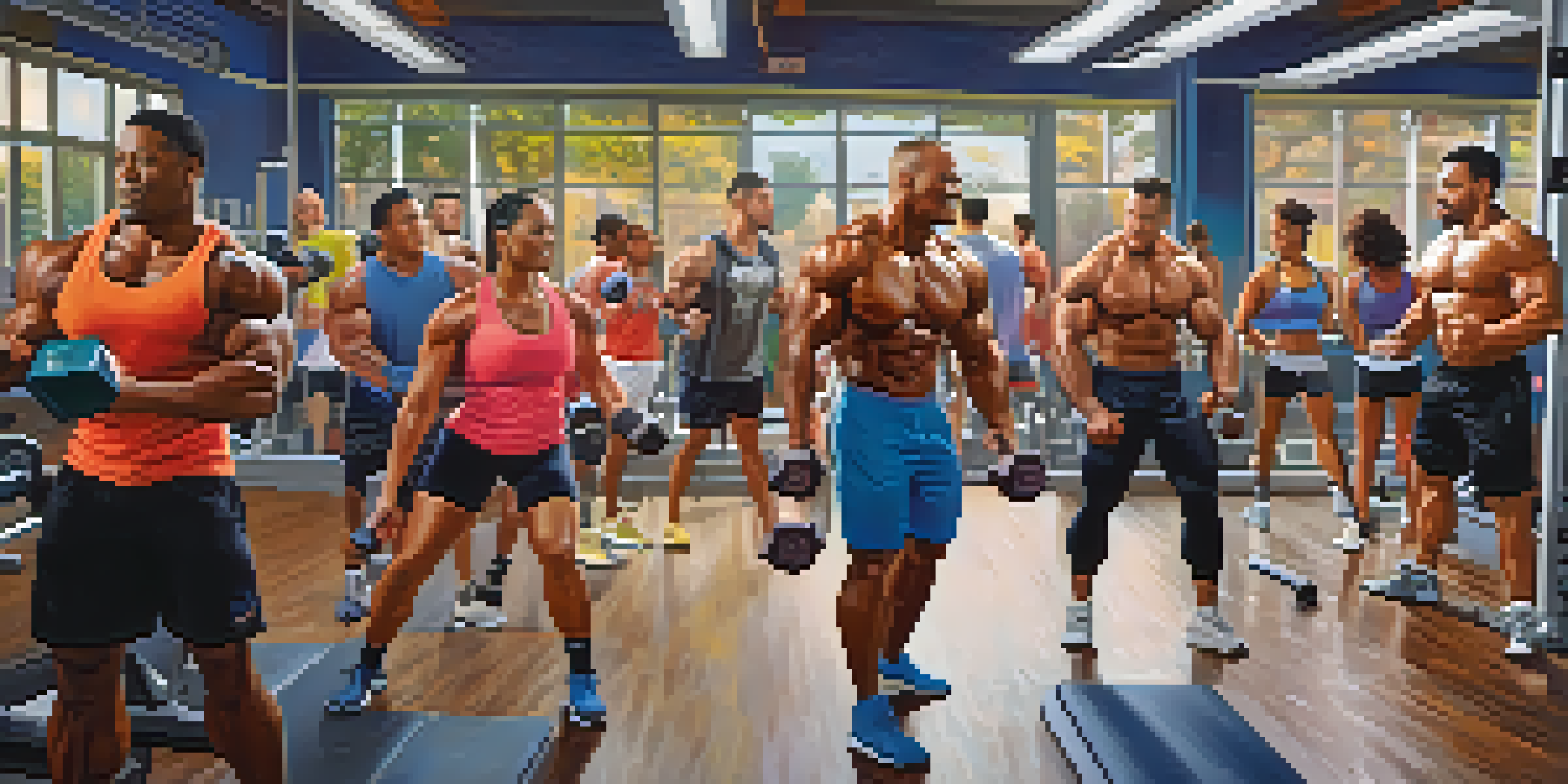 A diverse group of bodybuilders working out together in a lively gym, encouraging each other with bright colors and motivational posters in the background.