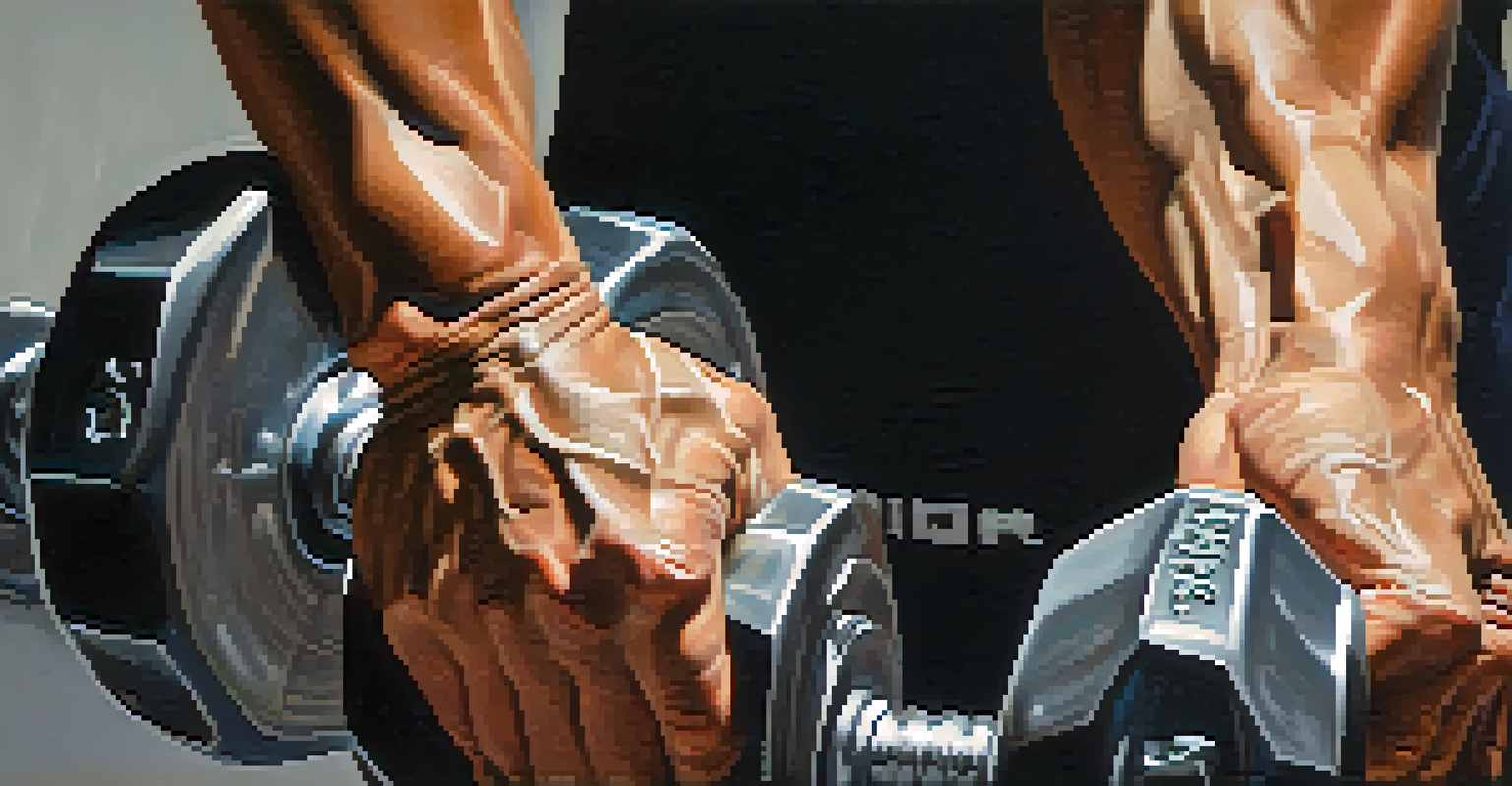 Close-up of hands gripping a dumbbell, showcasing muscular effort and determination.