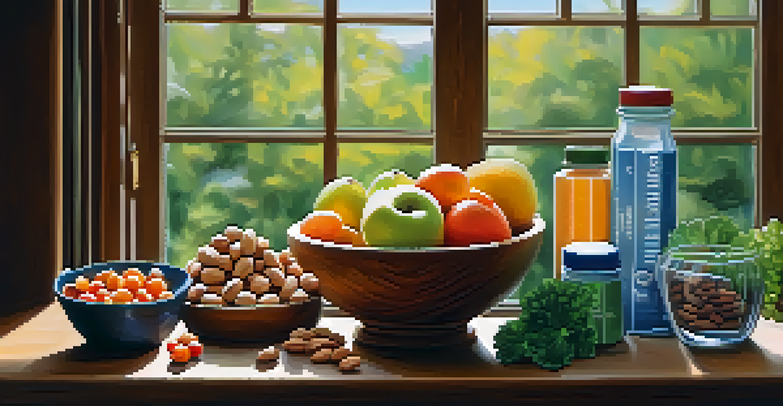 An arrangement of vitamins, nuts, leafy greens, and colorful fruits on a wooden table with natural light.