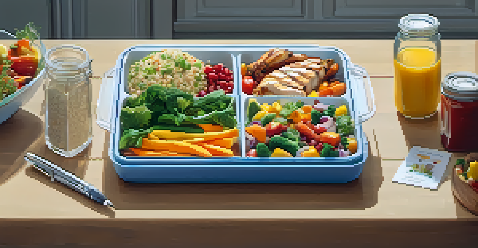 A meal prep station filled with healthy foods and a notebook, representing nutritional planning for bodybuilding.