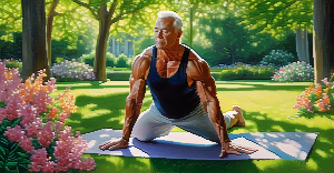An older bodybuilder practicing yoga outdoors in a green park, surrounded by flowers and trees, with sunlight filtering through the leaves.