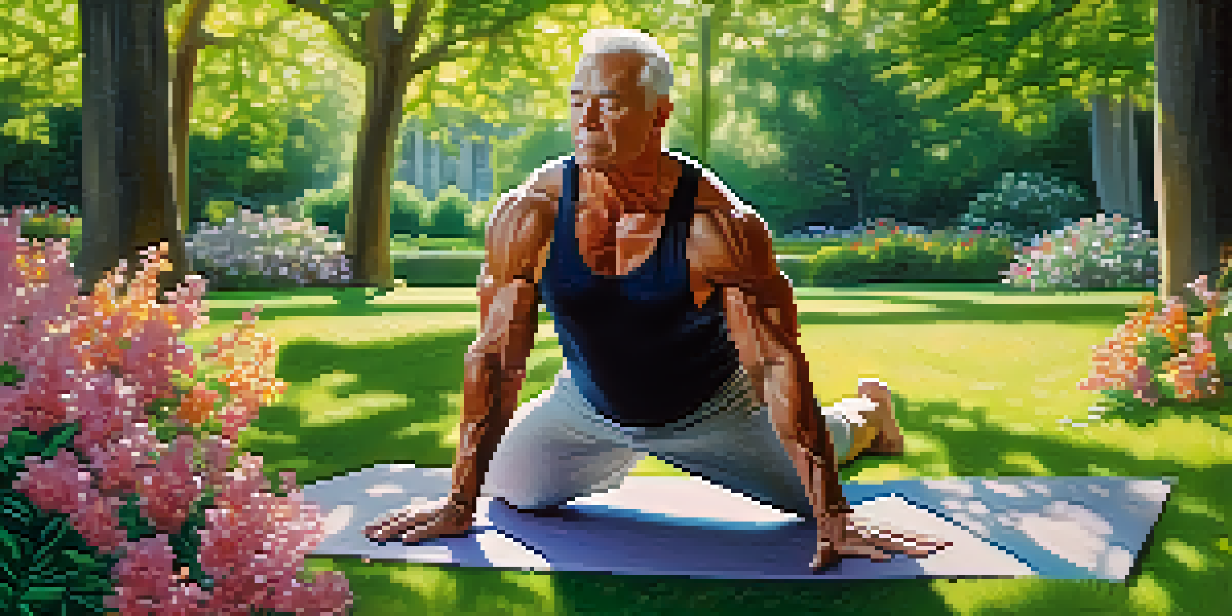 An older bodybuilder practicing yoga outdoors in a green park, surrounded by flowers and trees, with sunlight filtering through the leaves.