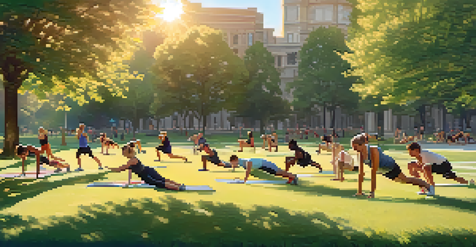 A diverse group of people exercising outdoors in a park, performing bodyweight workouts like push-ups and squats under sunlight.