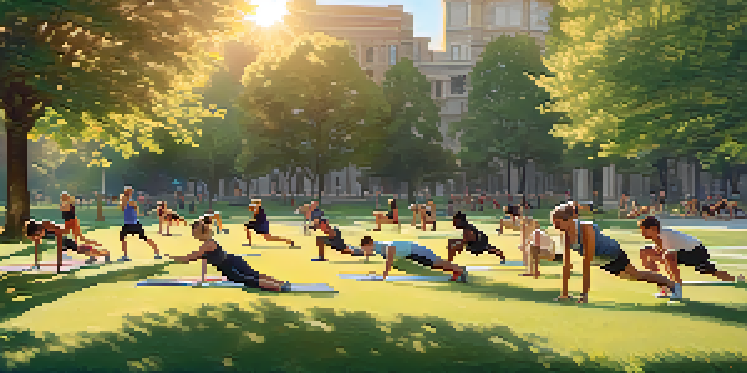 A diverse group of people exercising outdoors in a park, performing bodyweight workouts like push-ups and squats under sunlight.