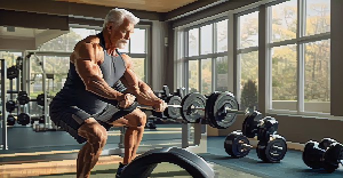 An older bodybuilder lifting weights in a bright, welcoming gym with natural light and motivational decor.