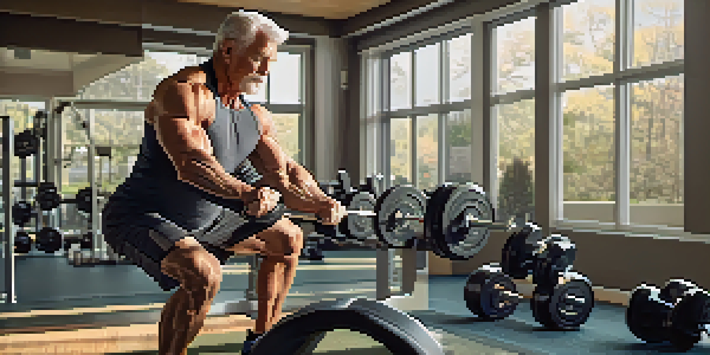 An older bodybuilder lifting weights in a bright, welcoming gym with natural light and motivational decor.