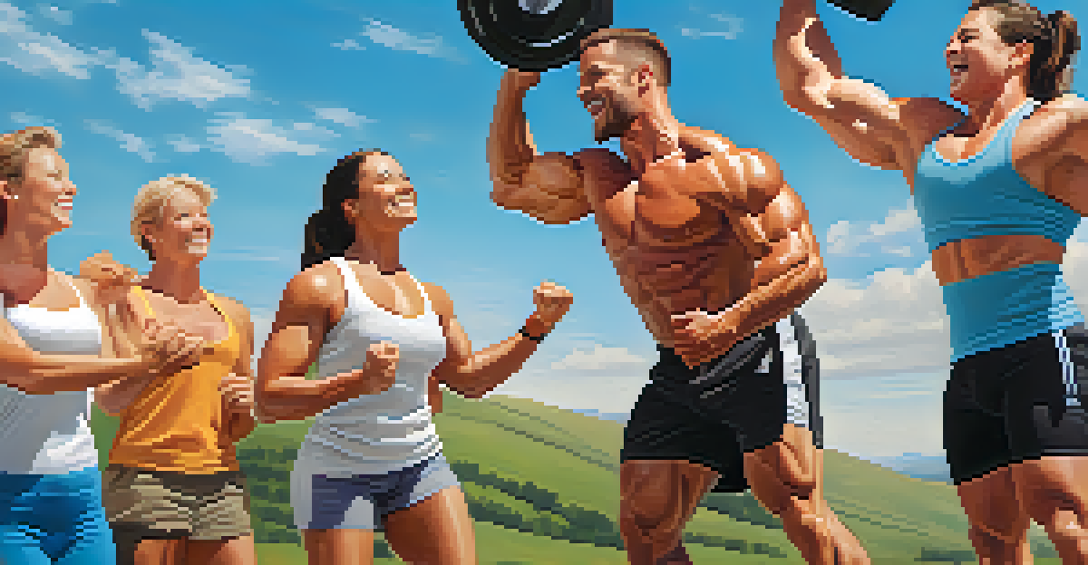 A group of bodybuilders supporting each other during an outdoor workout in a beautiful landscape.