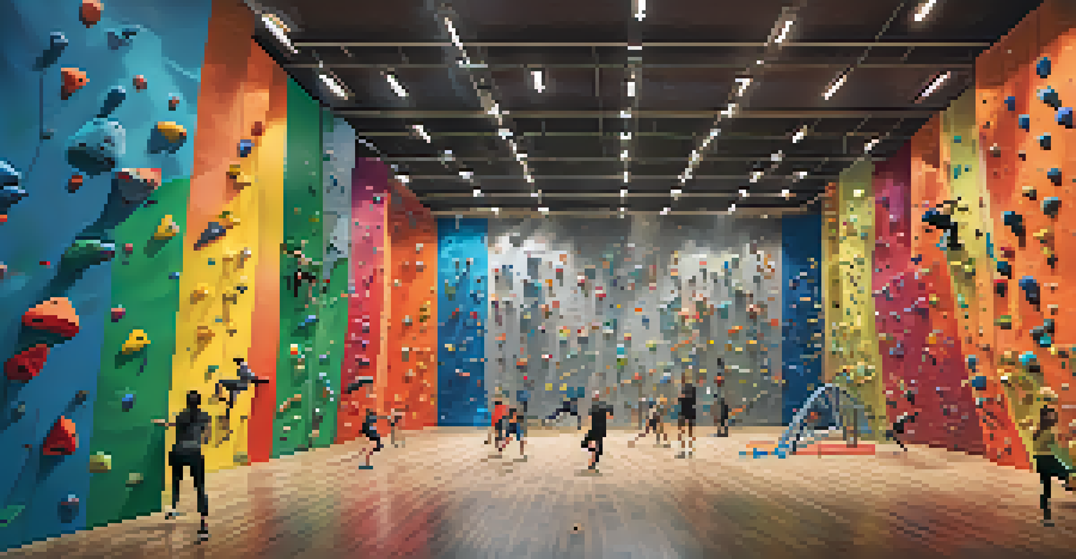 An indoor climbing gym bustling with climbers of different skill levels.