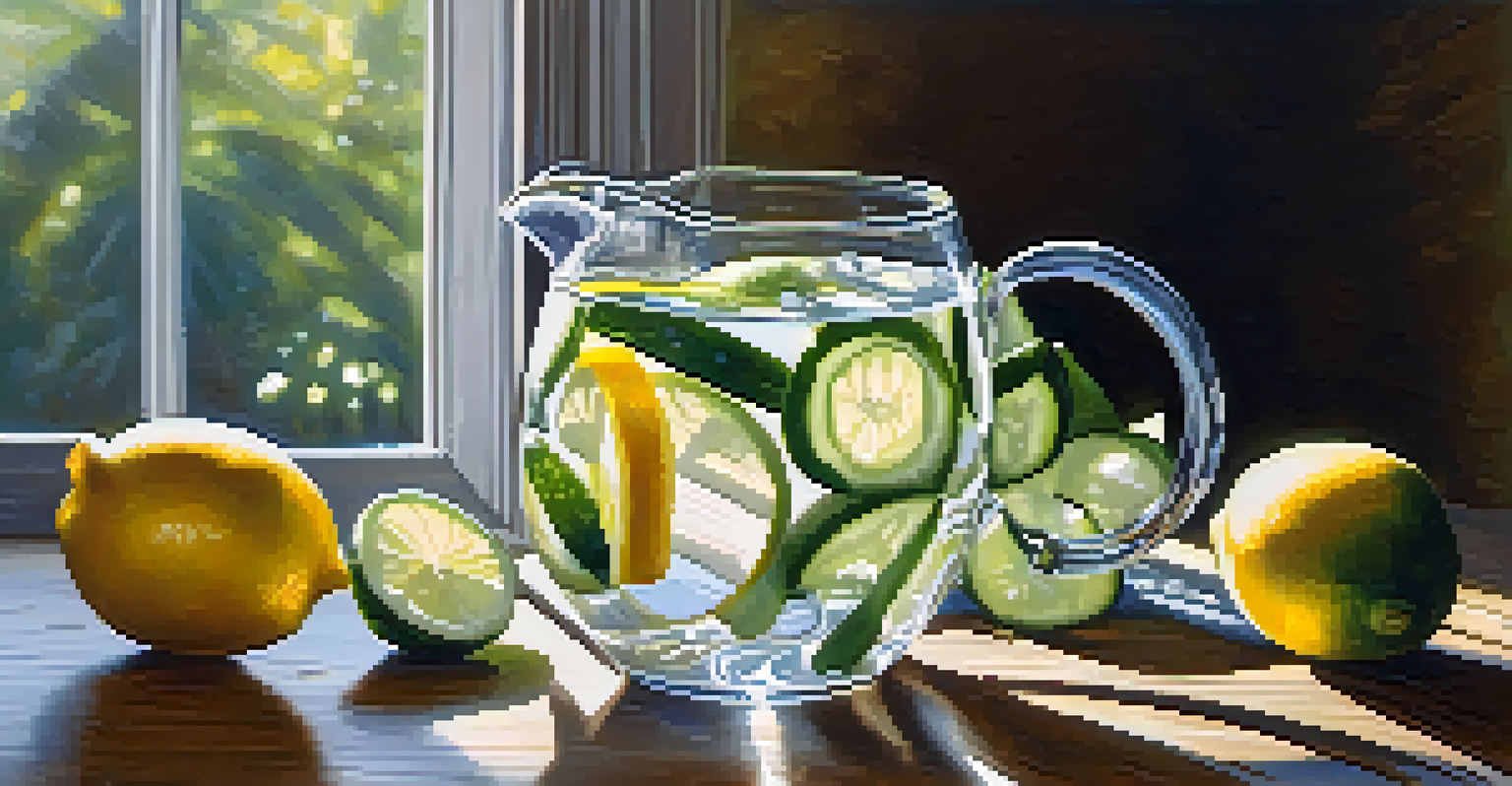 A pitcher of water with lemon and cucumber slices on a wooden table, illuminated by sunlight, highlighting the importance of hydration.