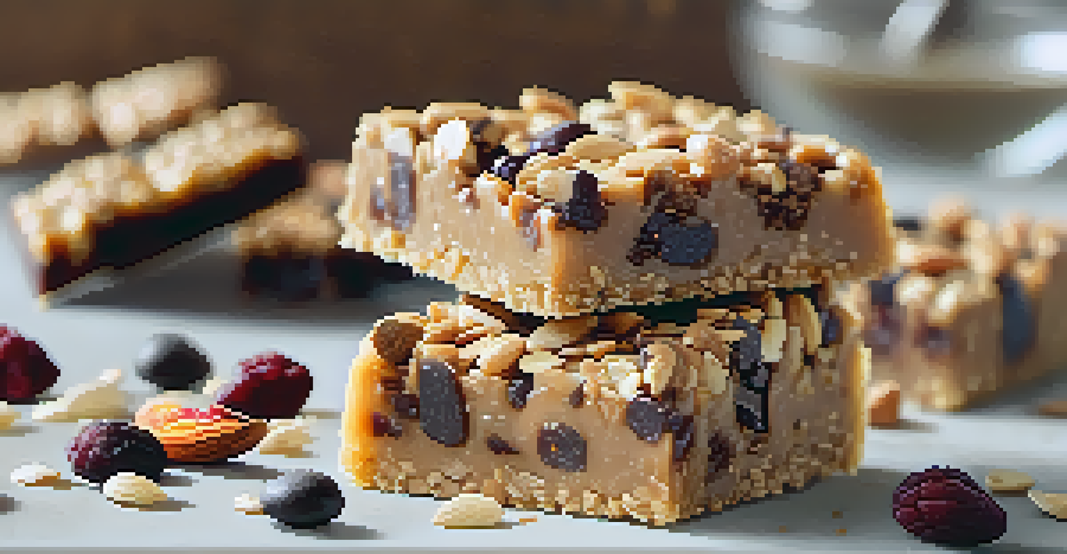 A close-up of a homemade protein bar with oats, nuts, and chocolate chips on a marble countertop, accompanied by nut butter and dried fruits.