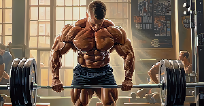 A muscular bodybuilder lifting weights in a bright gym, with equipment and motivational posters in the background.