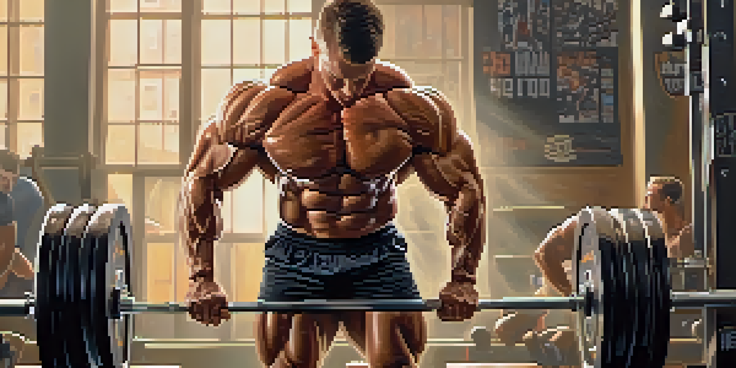 A muscular bodybuilder lifting weights in a bright gym, with equipment and motivational posters in the background.
