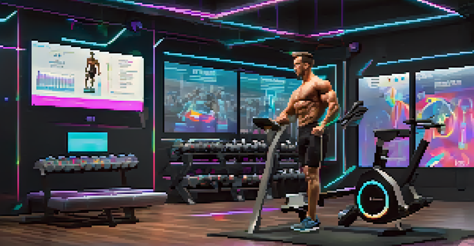 A bodybuilder training in a high-tech gym with an AI assistant, surrounded by performance screens and bright lighting.
