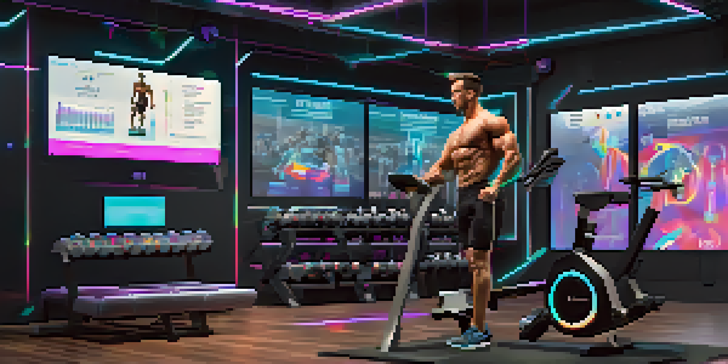 A bodybuilder training in a high-tech gym with an AI assistant, surrounded by performance screens and bright lighting.