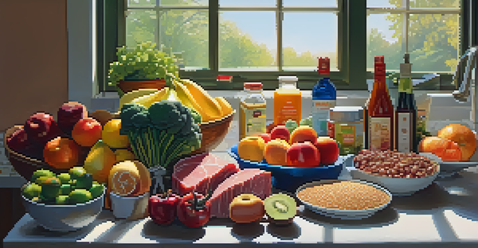 A bright kitchen counter displaying a variety of healthy foods such as lean meats, whole grains, fruits, and vegetables arranged appealingly.